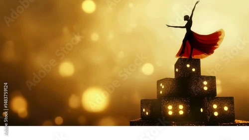 Geometric dance of luck: A dancer at the top of a pyramid of dice balanced on top of each other, performing graceful modern dance moves with a kefle (cloth). 