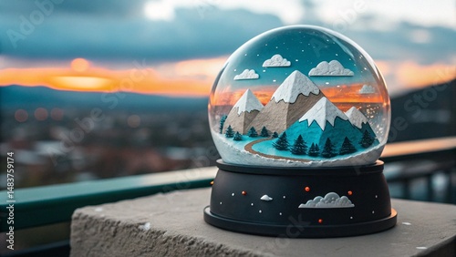 winter mountain snow globe with falling snow at dusk in illustration.