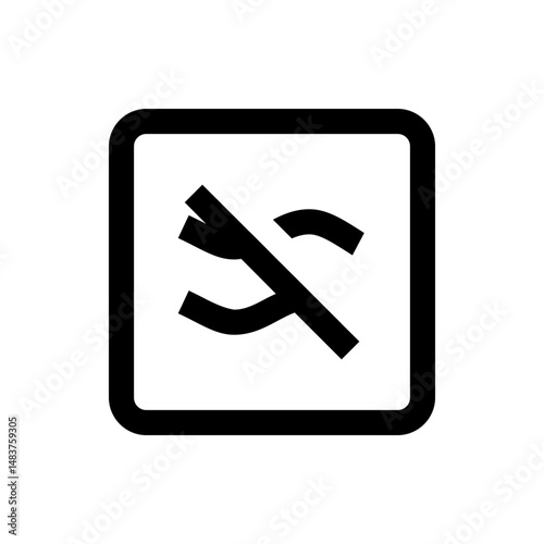 Black and white icon showing a rounded square containing a crossed out curved line symbol design element