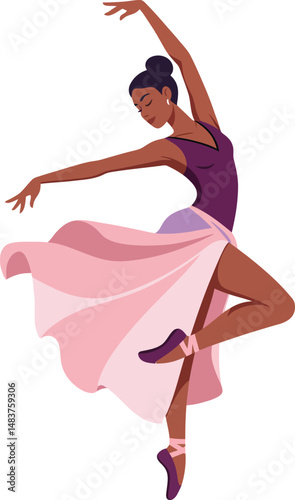 Ballet dancer performing elegant dance pose with flowing pink skirt and purple leotard vector illustration 