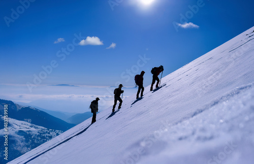 Professional team engaged in high altitude winter mountaineering and hiking activities