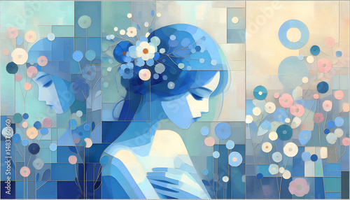 Woman with floral decoration in impressionistic style. Artistic portrait painting in soft blue tones, perfect for spring or summer concept	
