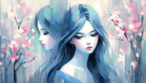 Woman with floral decoration in impressionistic style. Artistic portrait painting in soft blue tones, perfect for spring or summer concept	
