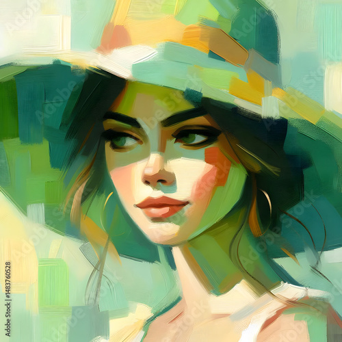 Woman wearing green summer hat, portrait, digital oil painting style. Female fashion, beauty headshot, spring inspiration.