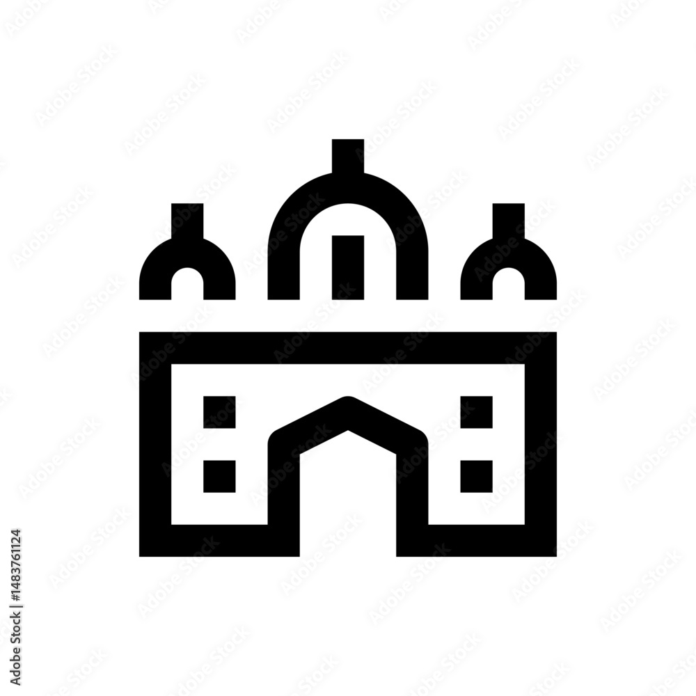 Illustration of a symmetrical building with domes and a central arched entrance in black outline style Illustration of a symmetrical building with domes and a central arched entrance in black outline style