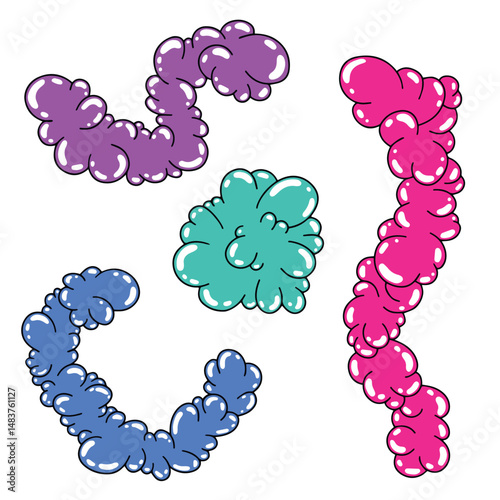 set of colorful stylish fluffy clouds in doodle style on white background in pink, purple, green and blue, graffiti element for modern design