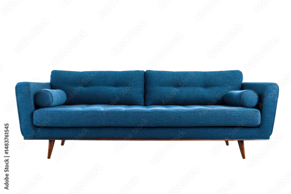 Fototapeta premium Modern blue sofa with tufted cushions and wooden legs on a transparent background vector Stylish couch for living room interior design and home furniture concepts