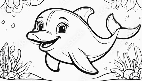 Cartoon dolphin smiling while swimming among ocean plants  