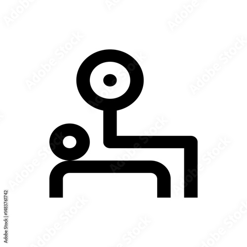 Minimalist depiction of weightlifting bench press with barbell and rack in black and white outline style