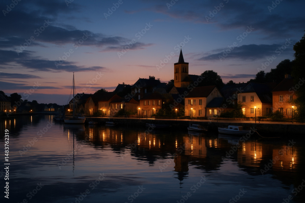 Fototapeta premium Boats gliding on a river amid illuminated buildings in the night.