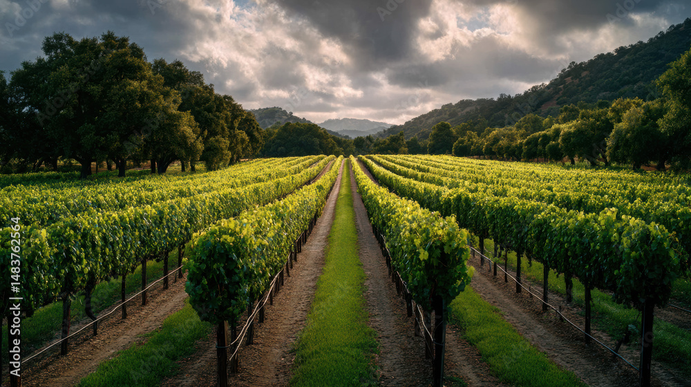 Naklejka premium Lush vineyard stretches across rolling hills under a dramatic sky with clouds at sunset