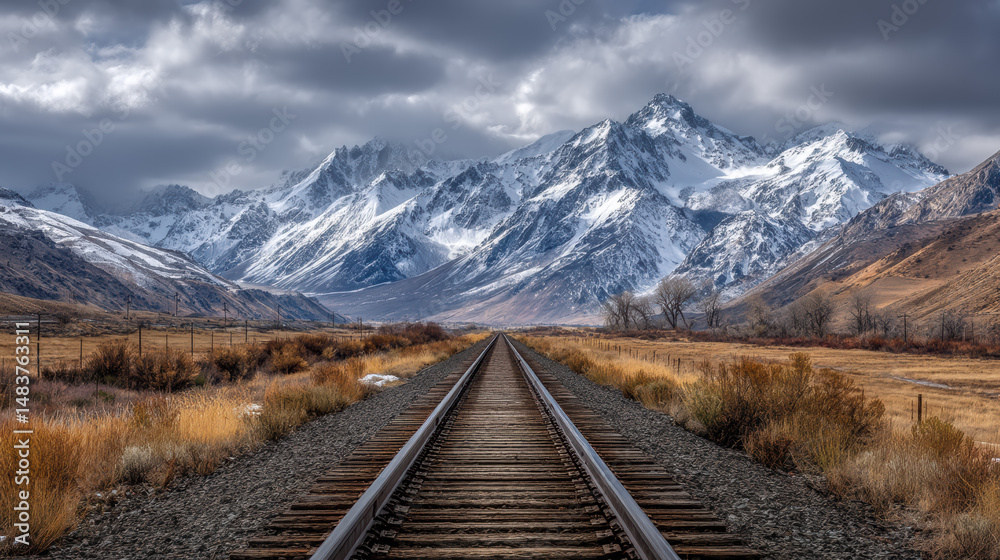 Fototapeta premium Majestic mountains frame a tranquil railway path through a scenic valley at twilight