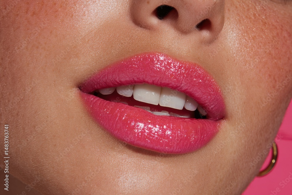 Obraz premium Close-up shot of a woman's face showcasing a perfect smile with pink glossy lipstick, healthy skin, and subtle freckles enhancing her natural beauty, modern makeup.