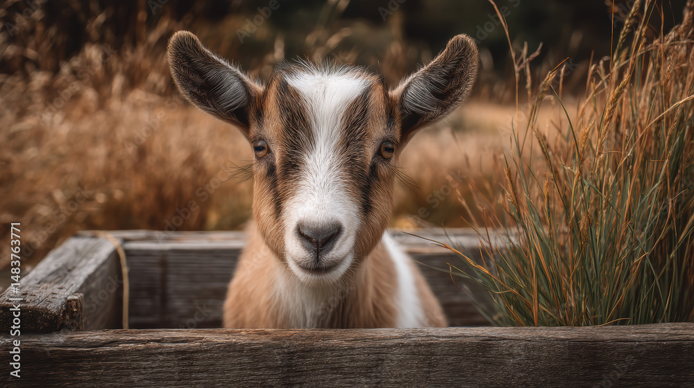 Obraz premium Young goat standing in wooden enclosure surrounded by tall grass in a rural setting during golden hour