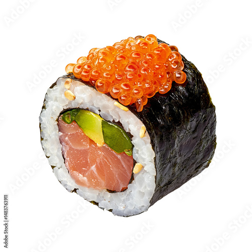 fresh uramaki sushi topped with spicy tuna sauce
