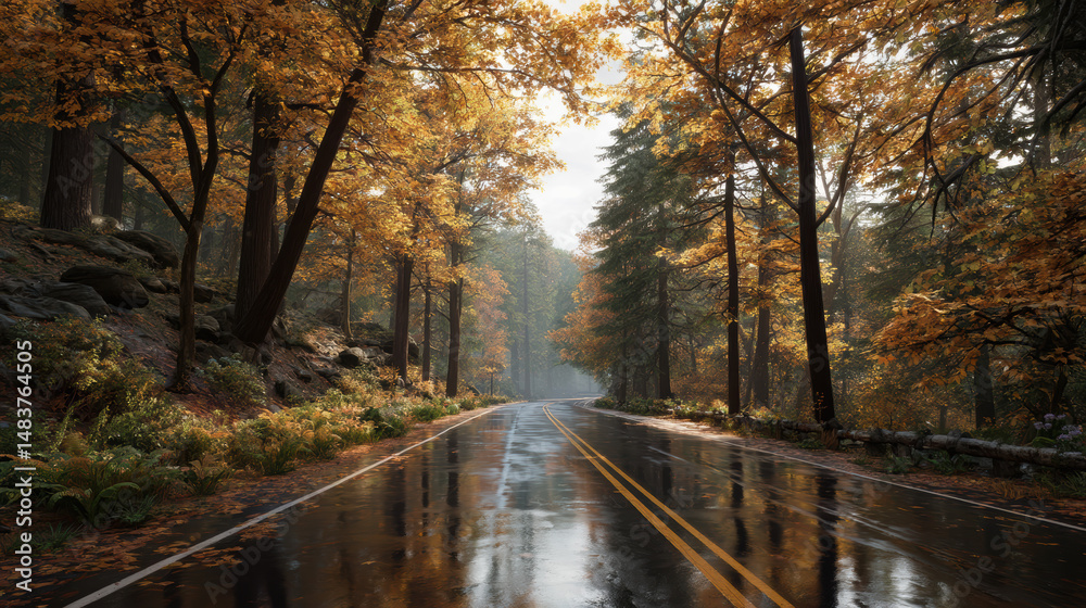 Vibrant autumn colors along a winding road after rain in a tranquil forest setting Vibrant autumn colors along a winding road after rain in a tranquil forest setting