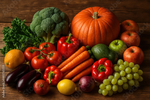 Fototapeta Naklejka Na Ścianę i Meble -  Assorted fruits and vegetables on wooden table.