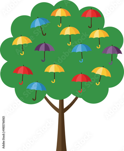 Tree with colorful umbrellas hanging on green branches creative illustration design vector 