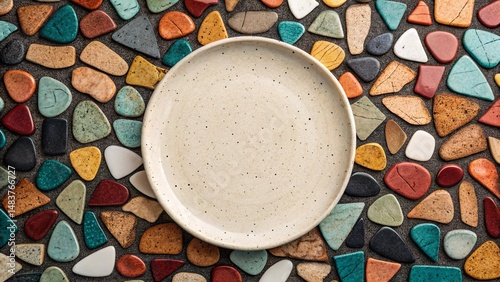 empty speckled plate on a mosaic tile background