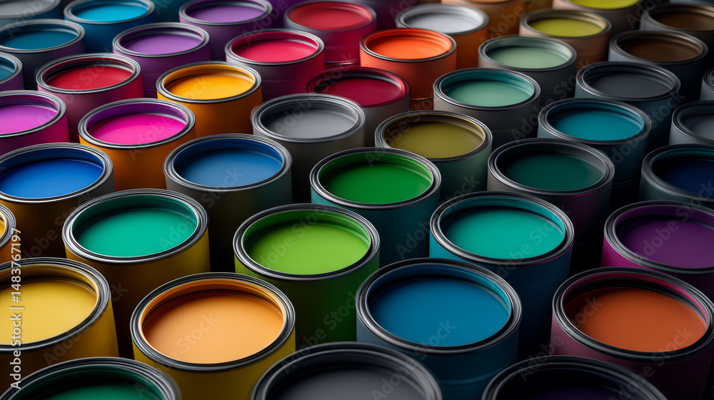 Fototapeta premium Vibrant array of paint cans showcasing a spectrum of colors for creative projects.