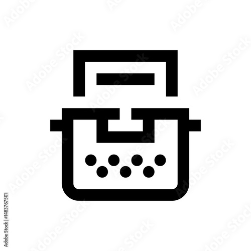 An illustration of a black outline of a shredder with paper and shredded paper inside on a white background