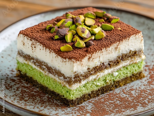 A piece of tiramisu, layered with green cake and white cream on top, sprinkled with pistachios and chocolate
