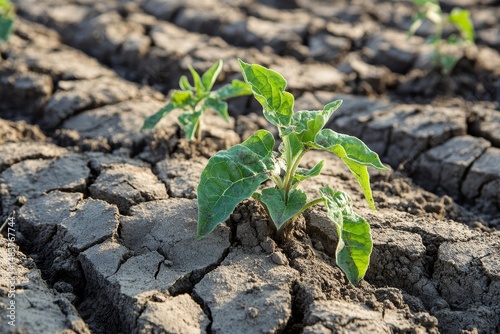 Dryness destroying the cultivated plants. The plants are dried up in the rows on the dry, crusty soil in hot summer
