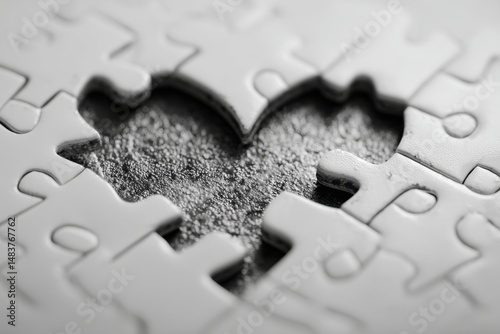 Close-up of a jigsaw puzzle with a heart-shaped piece missing, conceptualizing love, relationships, and the search for completeness with white puzzle pieces.