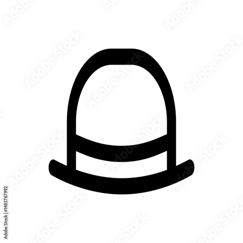 Illustration of a simple black bowler hat with a rounded crown and a brim on a white background view front