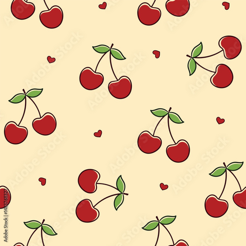 Simple flat vector pattern with cherry on beige background