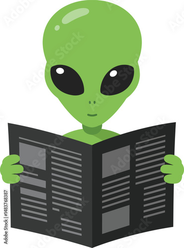 Green alien reading newspaper vector illustration with simple design and black newspaper details 