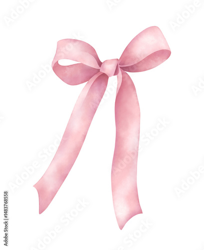 Elegant pink coquette bow with ribbon tails in soft watercolor style. Hand-painted illustration on white background. Design element for greeting cards, scrapbooking, invitations, holiday decorations.