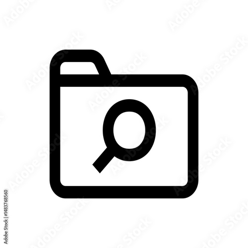 Black outline of a folder with a magnifying glass inside representing file search and organization tasks