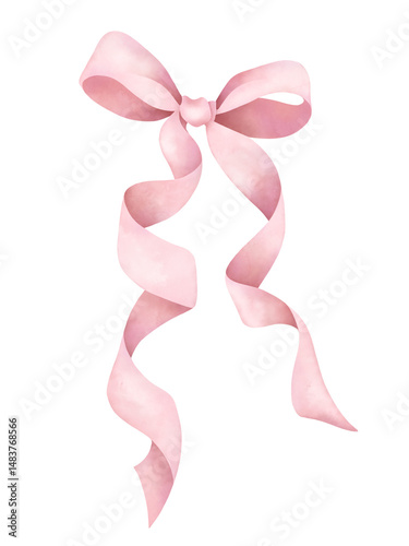 Pink coquette ribbon bow with long tails in a soft watercolor style. Hand-painted illustration on white. Ideal for invitations, greeting cards, feminine branding, and festive decorations.