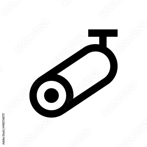 Illustration of a black security camera mounted on the ceiling with a cylindrical body and lens visible