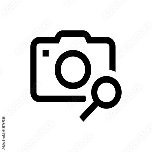 A simple line drawing of a camera with a lens and a magnifying glass in the bottom right corner view finder