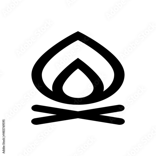 A stylized black and white image depicting a campfire with flames and crossed logs at the bottom design element
