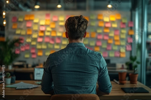 Back view of thoughtful businessman looking at sticky notes on wall in the office, working on project plan using sticky notes