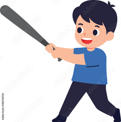 Boy playing baseball with bat hitting ball outdoor sport activity vector illustration 