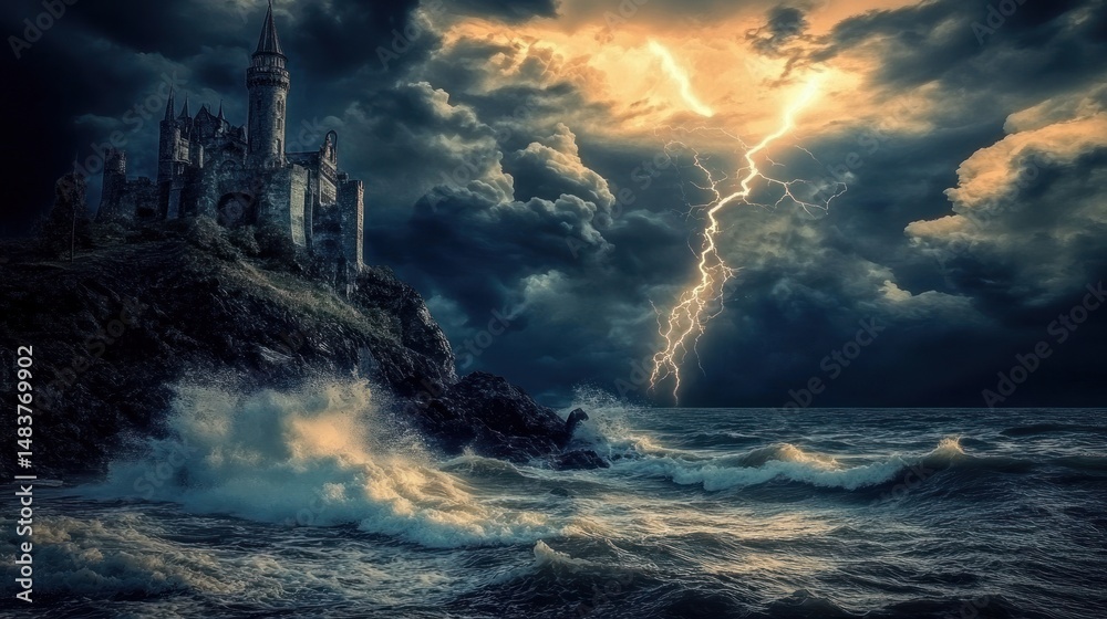 Fototapeta premium Stormy Seas and a Cliffside Castle: A Dramatic Nightscape