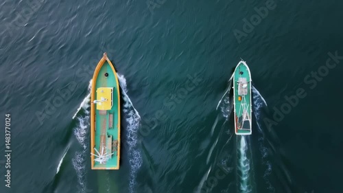 A splitscreen visual illustrating the comparison of a legally operating fishing boat and an illegal trawler with the drone hovering above demonstrating its role in enforcing maritime
