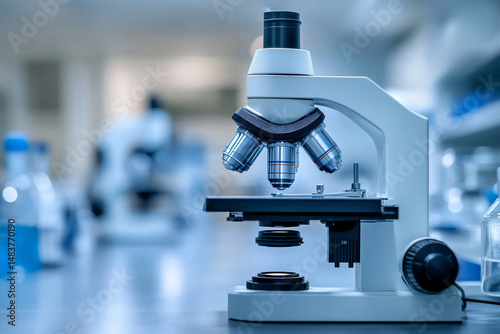 Close up of microscope in medical research lab interior