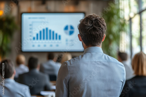 Diverse company employees having online business presentation on tv screen monitor in board meeting room. Video presentation, global virtual group corporate training