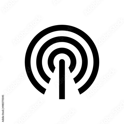 Illustration of a black antenna emitting concentric circular waves on a plain white background design vector