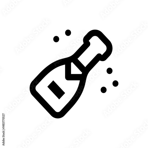 Illustration of a champagne bottle with popping bubbles in a simple black and white outline design style
