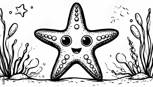 Cartoon starfish smiling among seaweed and bubbles in the ocean  