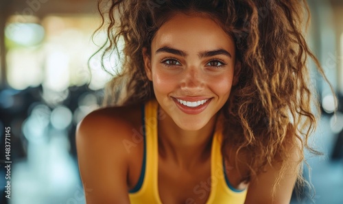 Cheerful young woman on group cycling class