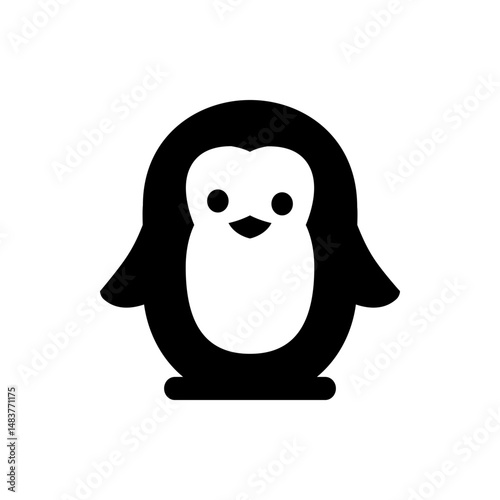 Illustration of a stylized penguin with a white belly and black body standing upright and looking forward