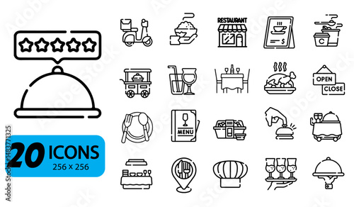 Set of 20 Catering and Restaurant Service Icons, Outline Style, 256x256 Pixels