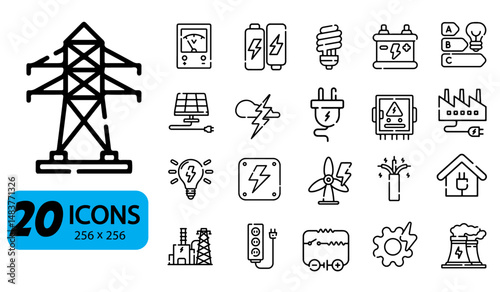 Set of 20 Electricity and Energy Icons, Outline Style, 256x256 Pixels